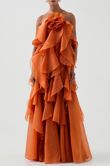 Layered Ruffle Maxi Dress with Halter Neck for Women - Cecilia