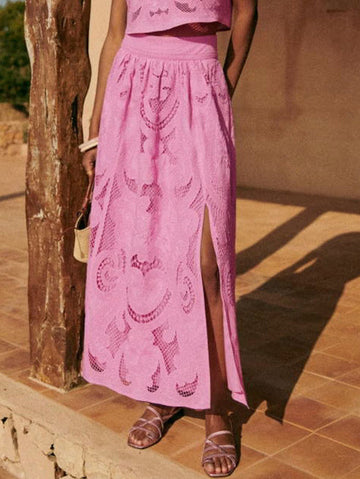 Pink Lace Maxi Skirt with Side Slit for Women - Raimonda