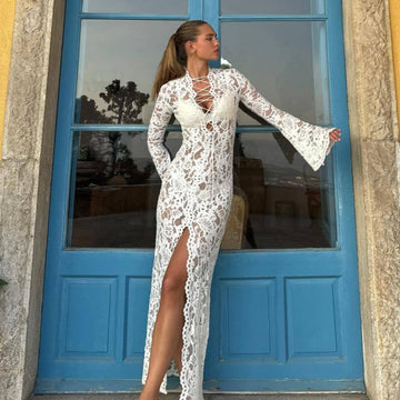 White Lace Maxi Dress with Front Slit for Women - Giuditta