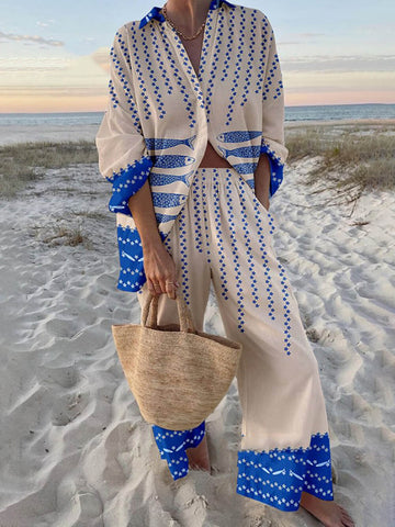 Beige and Blue Printed Shirt and Wide Leg Pants Set for Women - Lavinia
