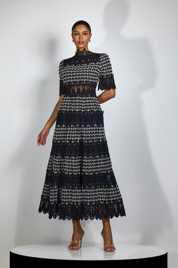 Black and White Lace Midi Dress for Women - Priscilla