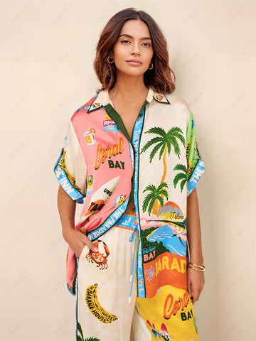 Multicolor Tropical Print Short Sleeve Shirt and Wide Leg Pants Set for Women - Oria