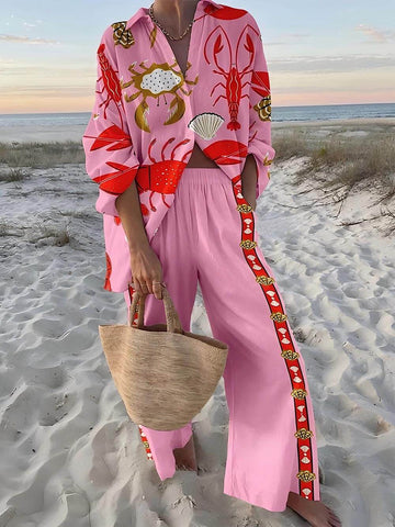 Pink Sea Life Print Shirt and Wide Leg Pants Set for Women - Cosima