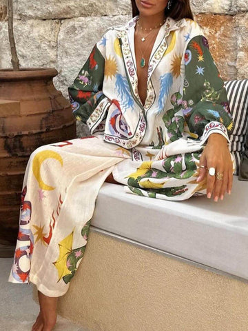 Multicolor Printed Long Shirt with Button Detail for Women - Tonia