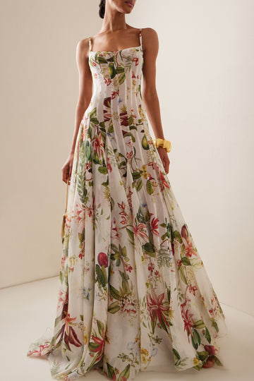 Floral White Maxi Dress with Spaghetti Straps for Women - Grazia