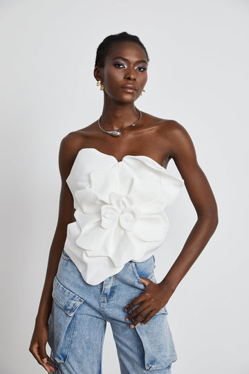 White Strapless Floral Top with 3D Appliqué for Women - Sibilla