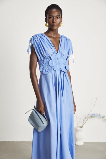 Sky Blue Maxi Dress with Floral Waist Detail for Women - Eva