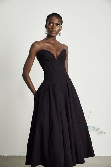 Black Strapless Corset Midi Dress with Full Skirt for Women - Silvana