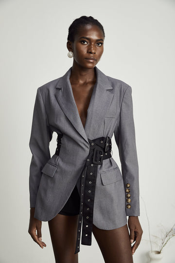 Grey Blazer with Belt and Pocket Detailing for Women - Francesca