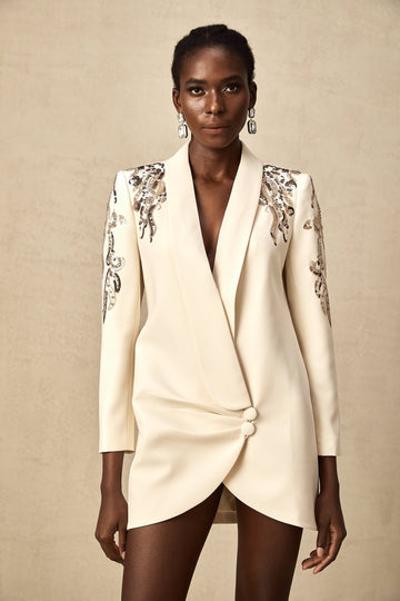 Ivory Embellished Blazer Mini Dress with Long Sleeves for Women - Teresa
