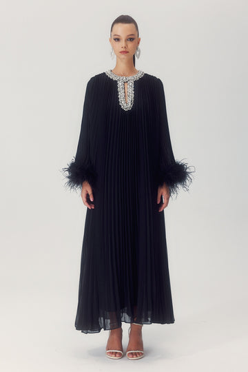 Black Pleated Maxi Dress with Feather Cuffs for Women - Manuela