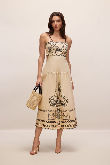 Beige Floral Embroidered Maxi Dress for Women - Antonietta