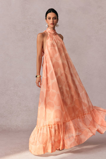 Peach Halter Maxi Dress with Ruffle Hem for Women - Graziella