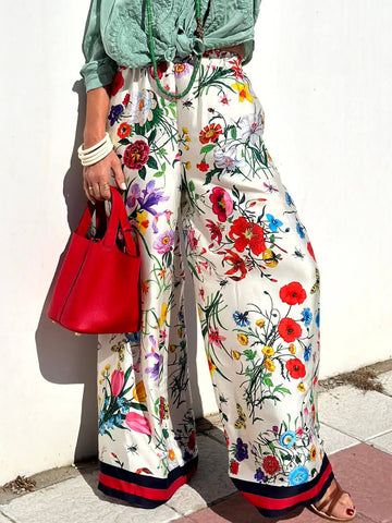 White Floral Print Wide Leg Pants for Women - Genziana