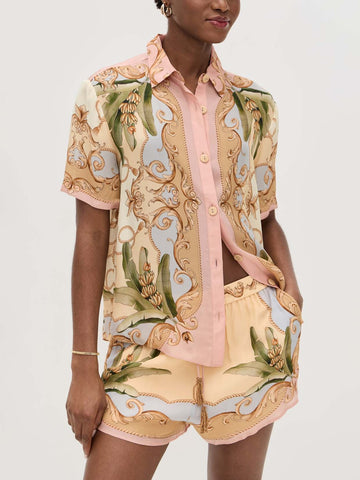 Pink and Beige Printed Short Sleeve Shirt and Shorts Set for Women - Fortunata