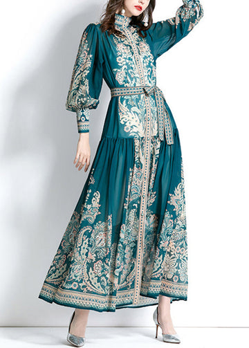 Elegant Boho Print Chiffon Dress with Stand Collar Tie Waist - Zoe