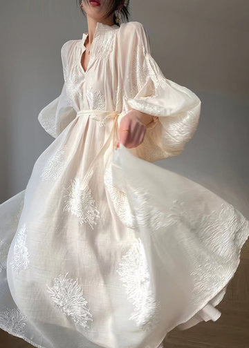Elegant Apricot Chiffon Embroidered Balloon Sleeve Dress for Women – Sophia