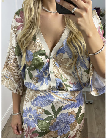 Floral Satin Midi Dress with V-Neck for Women - Soraya