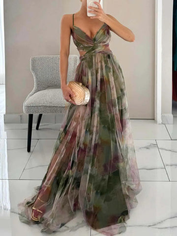 Floral Print Maxi Dress with V-Neck for Women - Candida