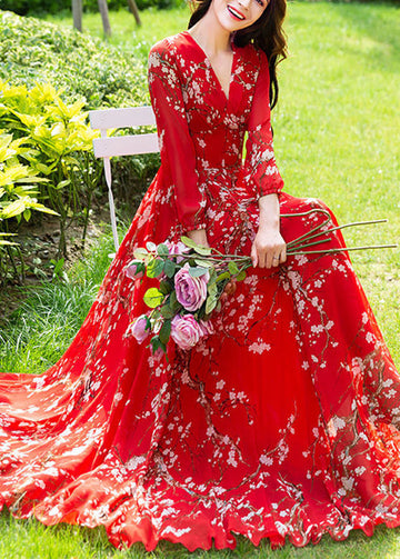 Elegant Red Print Slim Fit Chiffon Long Dress - Amelia