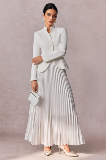 White Pleated Maxi Skirt with Buttoned Blazer for Women - Nina