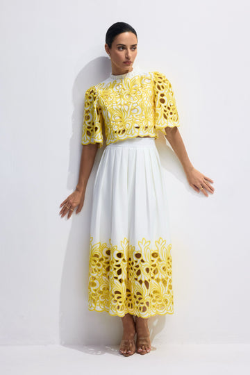 Yellow and White Floral Embroidered Midi Dress for Women - Bruna