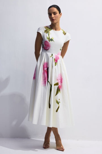 White Floral Print Midi Dress for Women - Morena