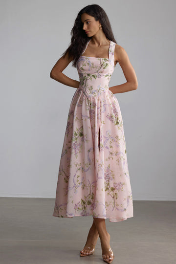 Pink Floral Print Maxi Dress with Square Neck for Women - Rossana