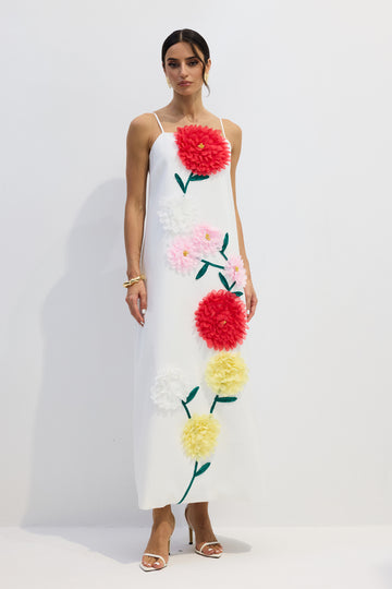 White Floral Embroidered Midi Dress for Women - Fernanda