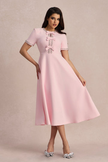 Pink A-line Dress with Bow Detail for Women - Raffaella
