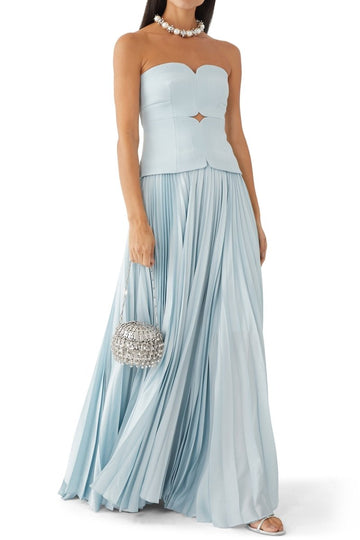 Sky Blue Strapless Pleated Maxi Dress for Women - Eleonora