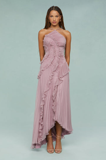 Dusty Rose Pleated Maxi Dress with Ruffle Trim for Women - Flavia