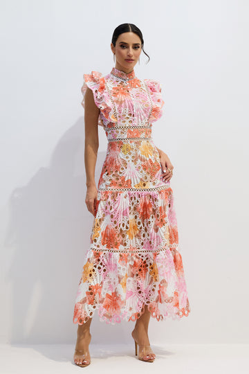 Pink and Orange Floral Lace Midi Dress for Women - Marisa