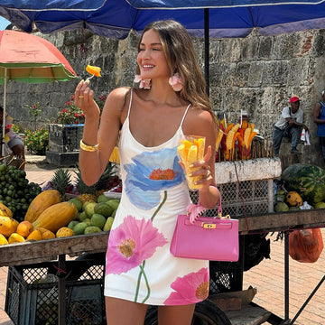 White Floral Print Mini Dress with Spaghetti Straps for Women - Marilena