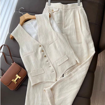 Beige Two Piece Vest and Pants Set for Women - Leandra
