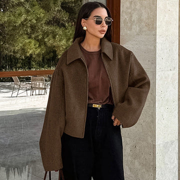 Brown Zip Up Short Jacket with Long Sleeves for Women - Rosalinda