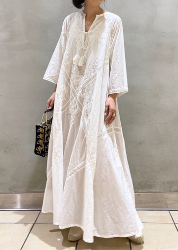 Elegant White Embroidered Cut-Out Cotton Maxi Dress - Claire