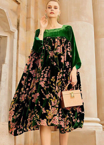 Elegant Green Patchwork Silk Velour Dress - Lily
