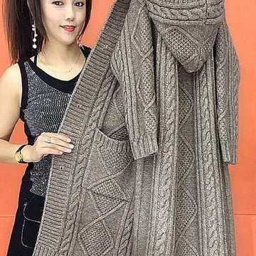 Cable Knit Hooded Sweater Coat with Pockets for Women - Fiorella
