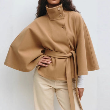 Belted Cape Coat with High Collar for Women - Iolanda