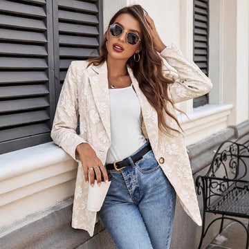 Beige Floral Embroidered Long Sleeve Blazer Jacket for Women - Morena