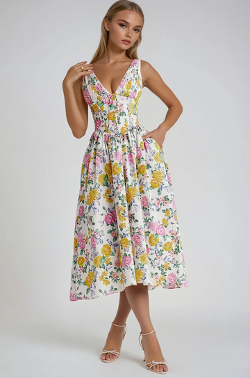 White Floral Midi Dress with Sleeveless V-Neck for Women - Selvaggia