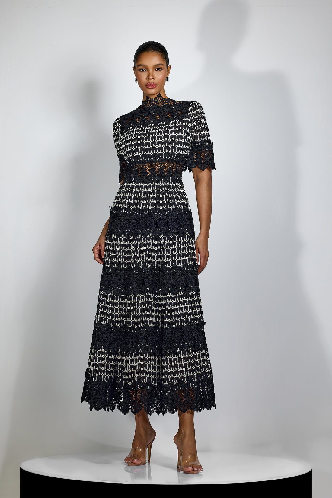 Black and White Lace Midi Dress for Women - Priscilla