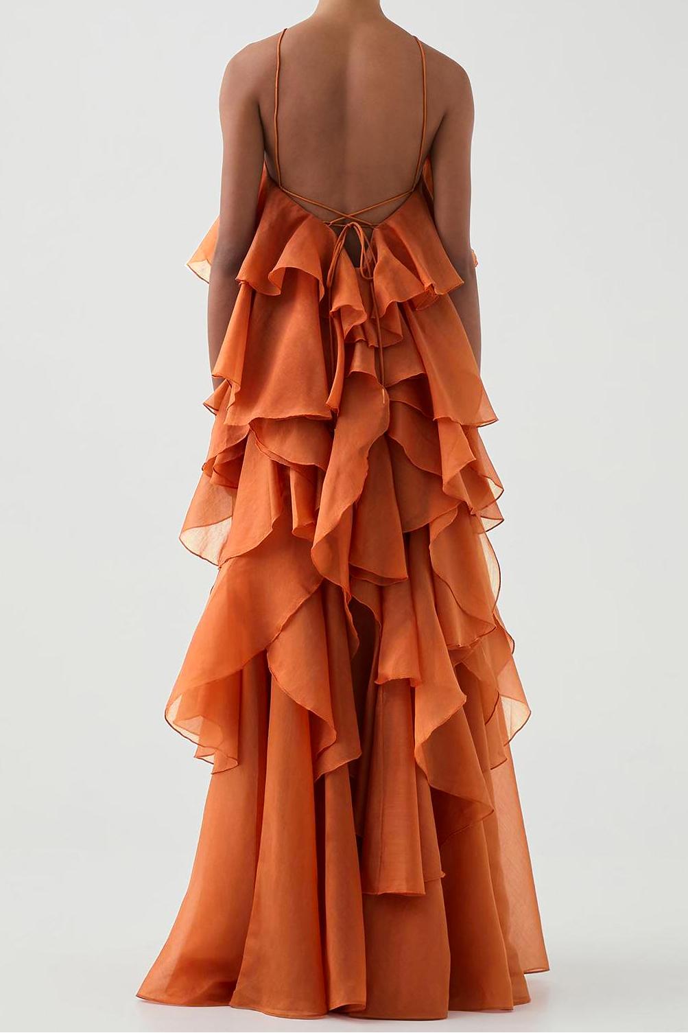 Layered Ruffle Maxi Dress with Halter Neck for Women - Cecilia