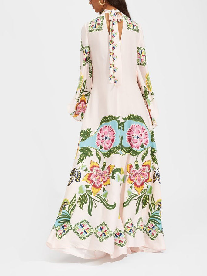 Cream Floral Maxi Dress with Bell Sleeves for Women - Delfina