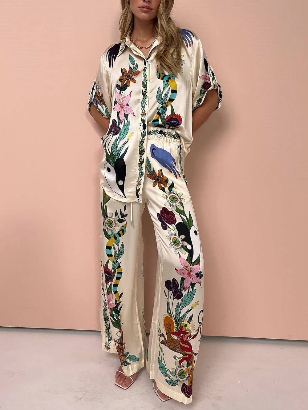 Beige Printed Satin Shirt and Wide Leg Pants Set for Women - Zita