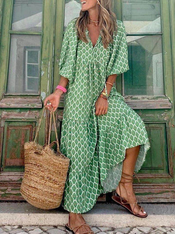 Geometric Print V-Neck Maxi Dress for Women - Capitolina