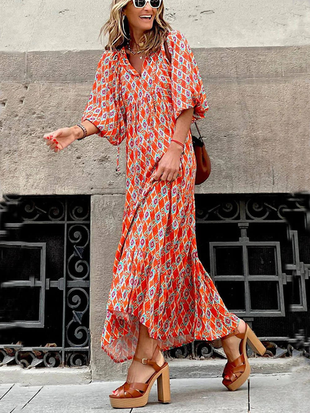 Geometric Print V-Neck Maxi Dress for Women - Capitolina