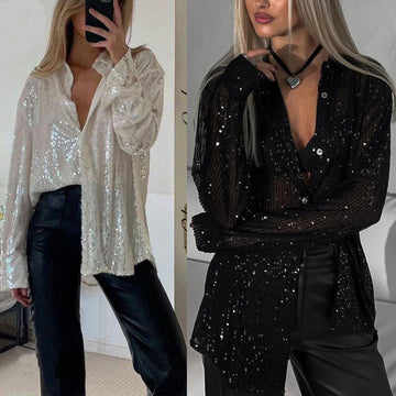 Sequin Button Up Long Sleeve Shirt for Women - Olga