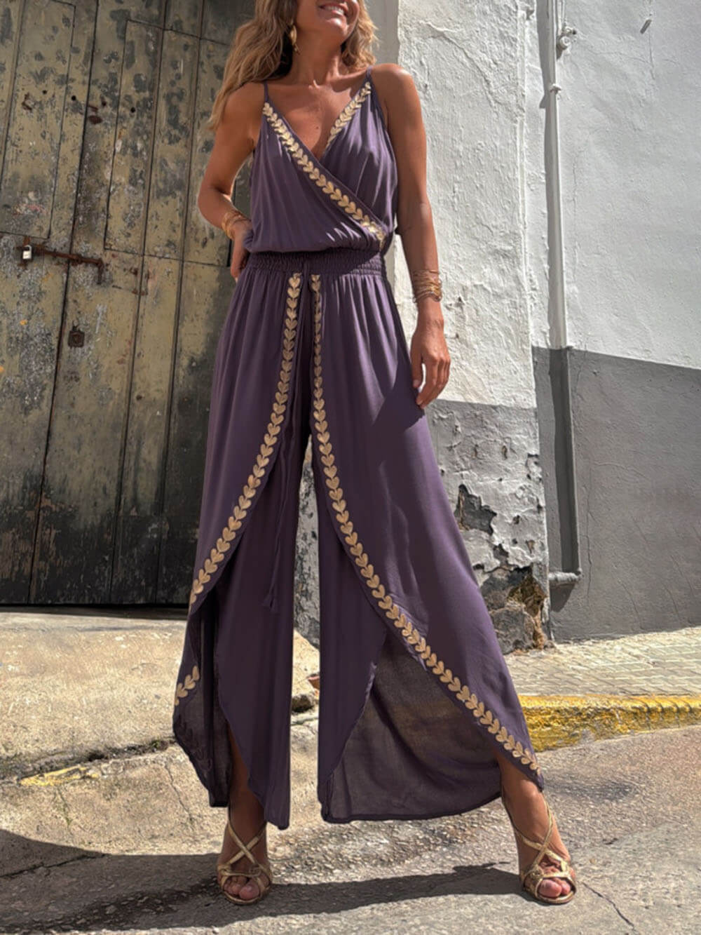 Purple Wide-Leg Jumpsuit with Leaf Print for Women - Bice